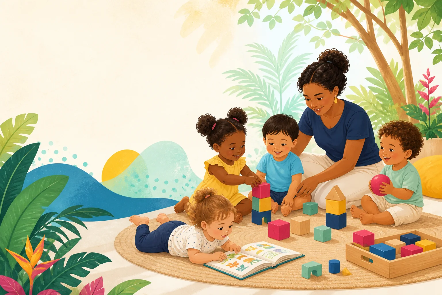 Des enfants jouent et découvrent ensemble, accompagnés par une professionnelle de la petite enfance
