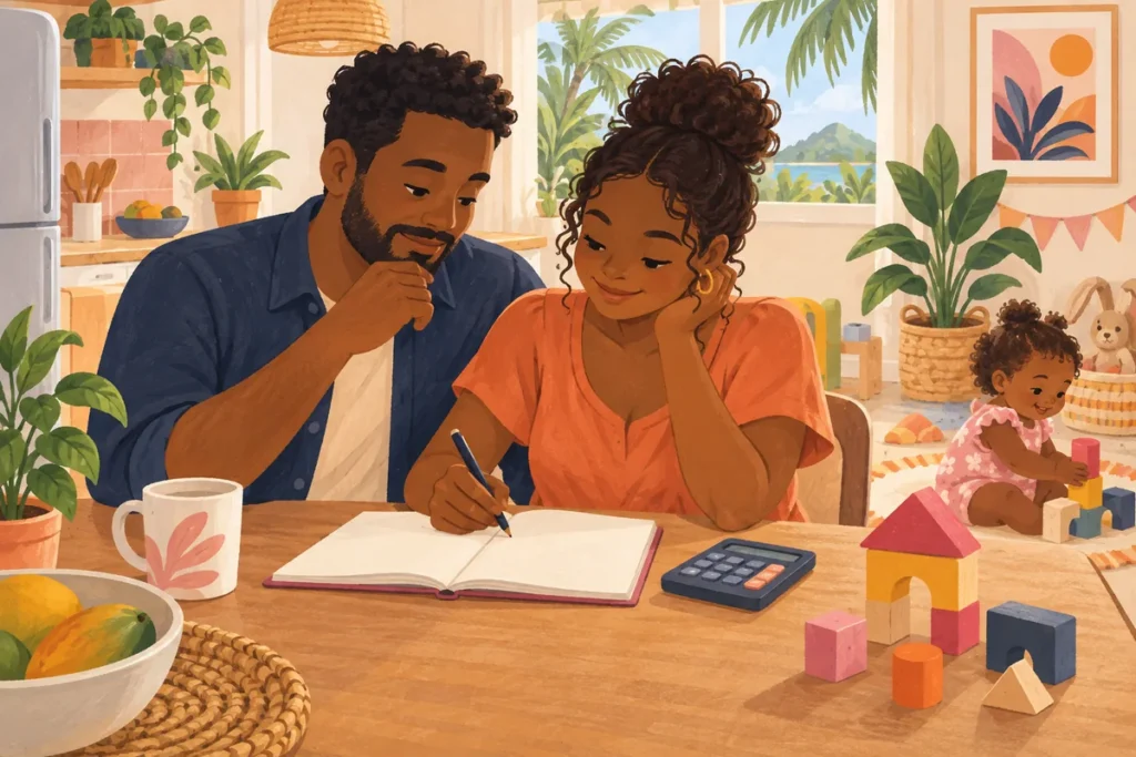 Illustration de deux parents préparant le budget familial avec un carnet et une calculatrice, pendant que leur enfant joue.